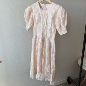 VTG 80s Gunne Sax Jessica McClintock Lace Dress Pastel Pink Puff Sleeve JR sz 9